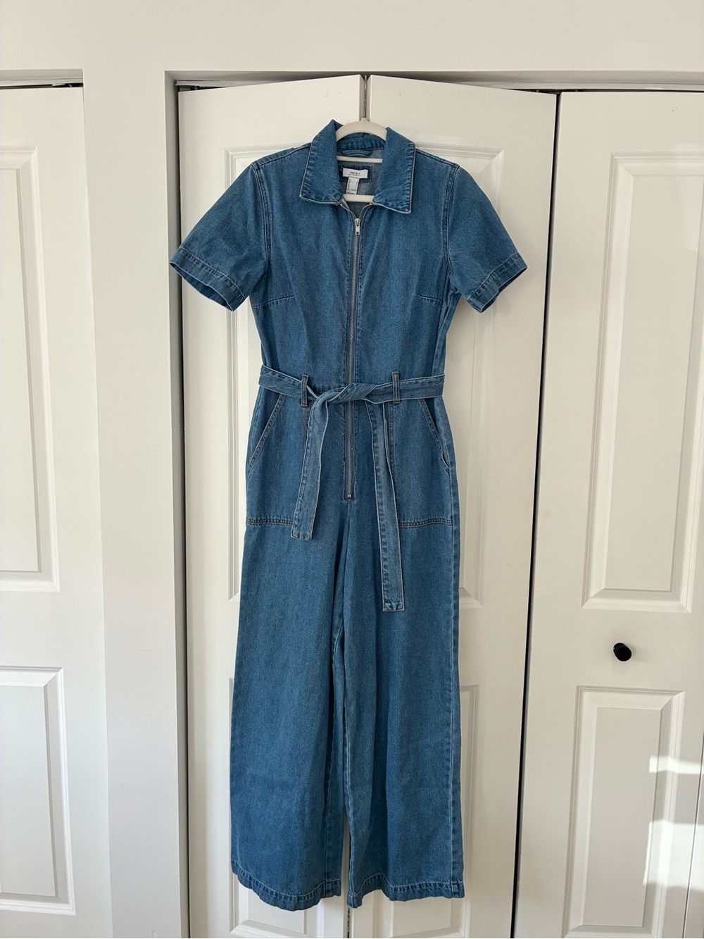 Forever 21 Blue Denim Zip-Front Wide-Leg Jumpsuit - size large